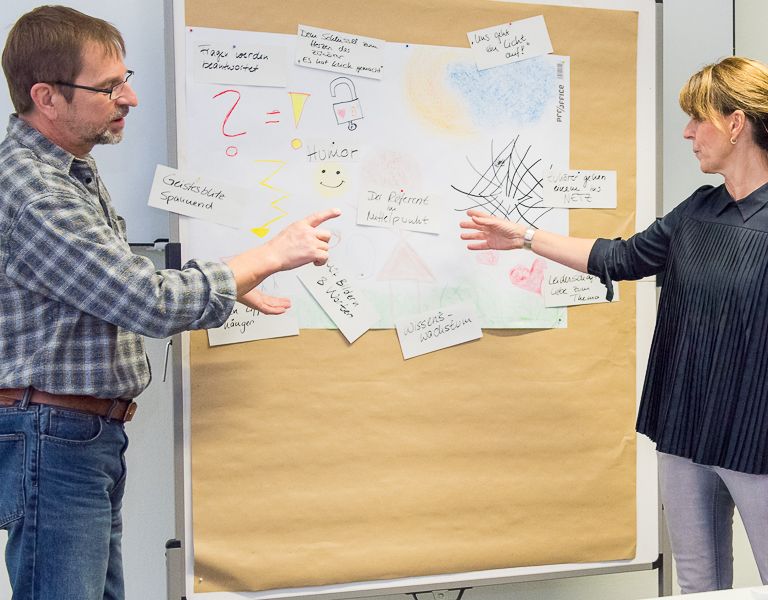 Das Bild zeigt 3 Personen beim Coaching an der Wandtafel